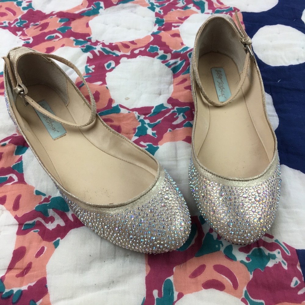 Betsey Johnson Joy Jeweled Champagne Strap Flats